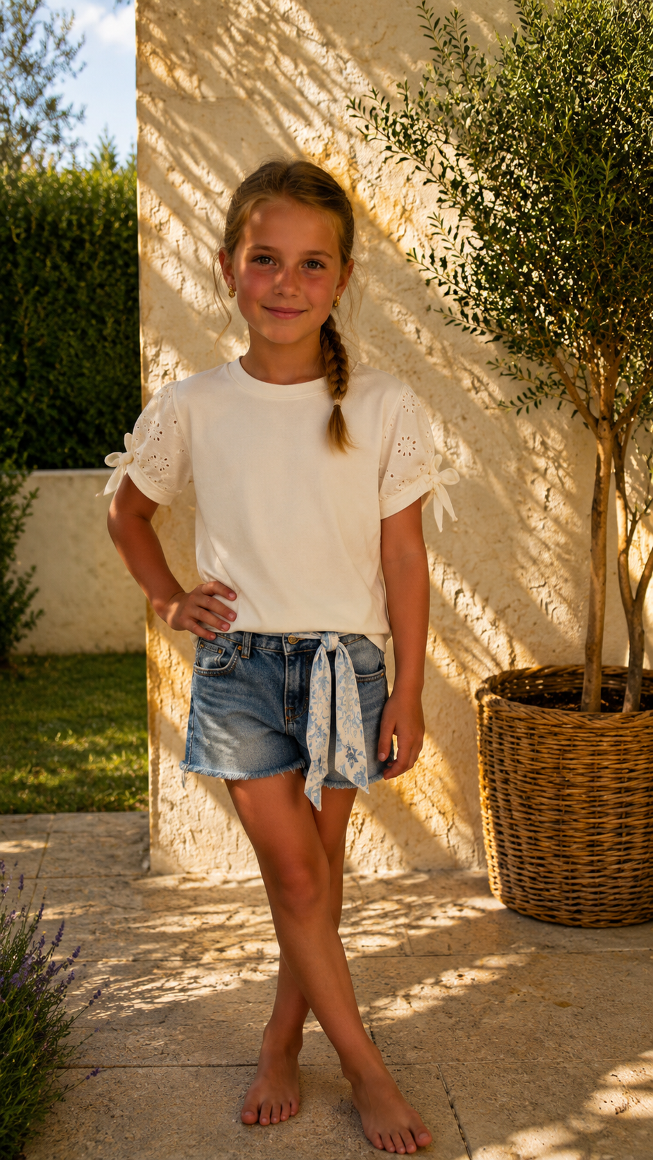 Shirt met kanten mouwen met strik beige