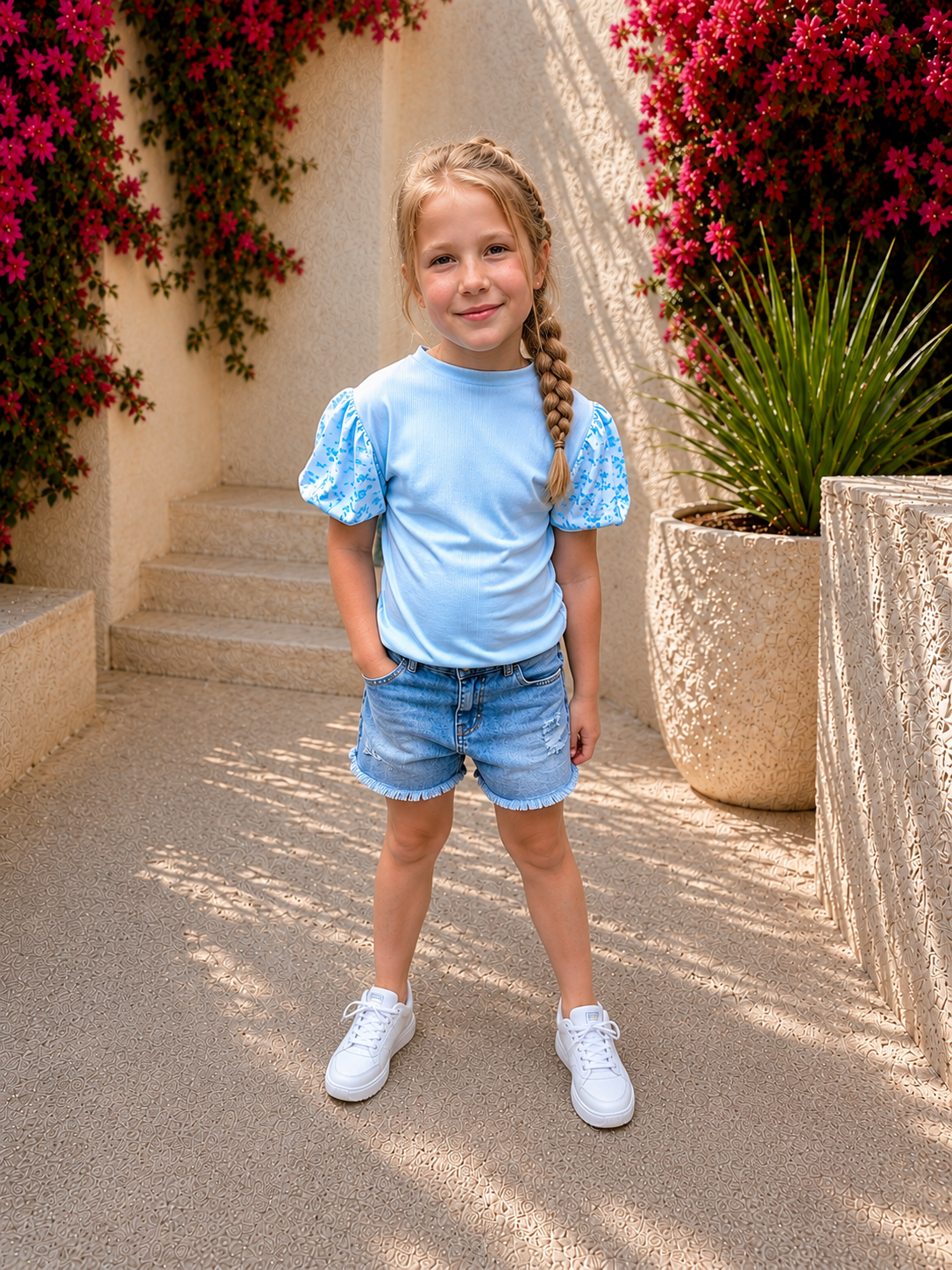 T-shirt met bloemen en pofmouwtjes